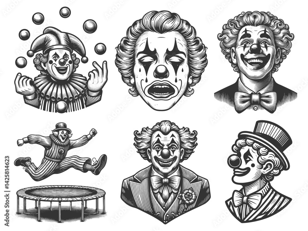 Poster clown set collection circus action scenes bundle sketch engraving generative ai vector illustration.
