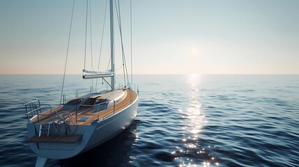 Fototapeta premium A sport sailboat, calm ocean waters in the background, Blue and white tones, Generative AI illustrations