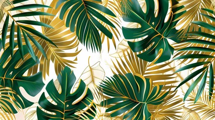 Naklejka premium A background pattern gold with palm leaves, colours gold, white and green, Generative AI illustrations