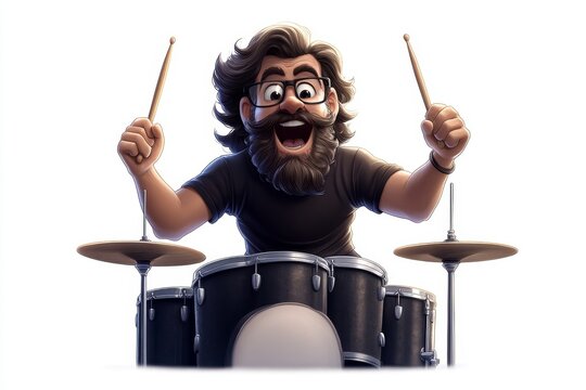 a 2D cartoon illustration of a person playing drums with sticks, loud and dynamic, white background