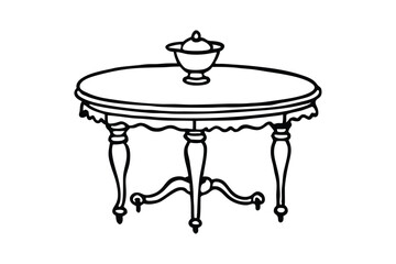 Black and white line art drawing of a Victorian dining table.eps