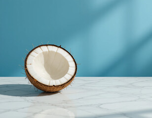 Coconut half on white surface with blue background