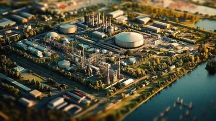 Aerial view of an industrial complex nestled amidst greenery and a river