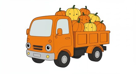 Naklejka premium Cartoon orange truck loaded with pumpkins harvest season fall marketing concept