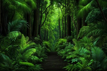 Fototapeta premium a 2D cartoon illustration of a rainforest with dense foliage, green and humid, white background