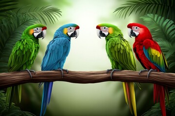 Obraz premium a 2D cartoon illustration of a rainforest with parrots on branches, colorful and wild, white background