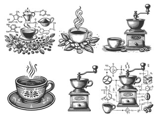 coffee cups, beans, grinders, and chemical formulas representing caffeine, science with coffee culture Set collection bundle sketch engraving generative ai vector. Scratch board. Black and white image