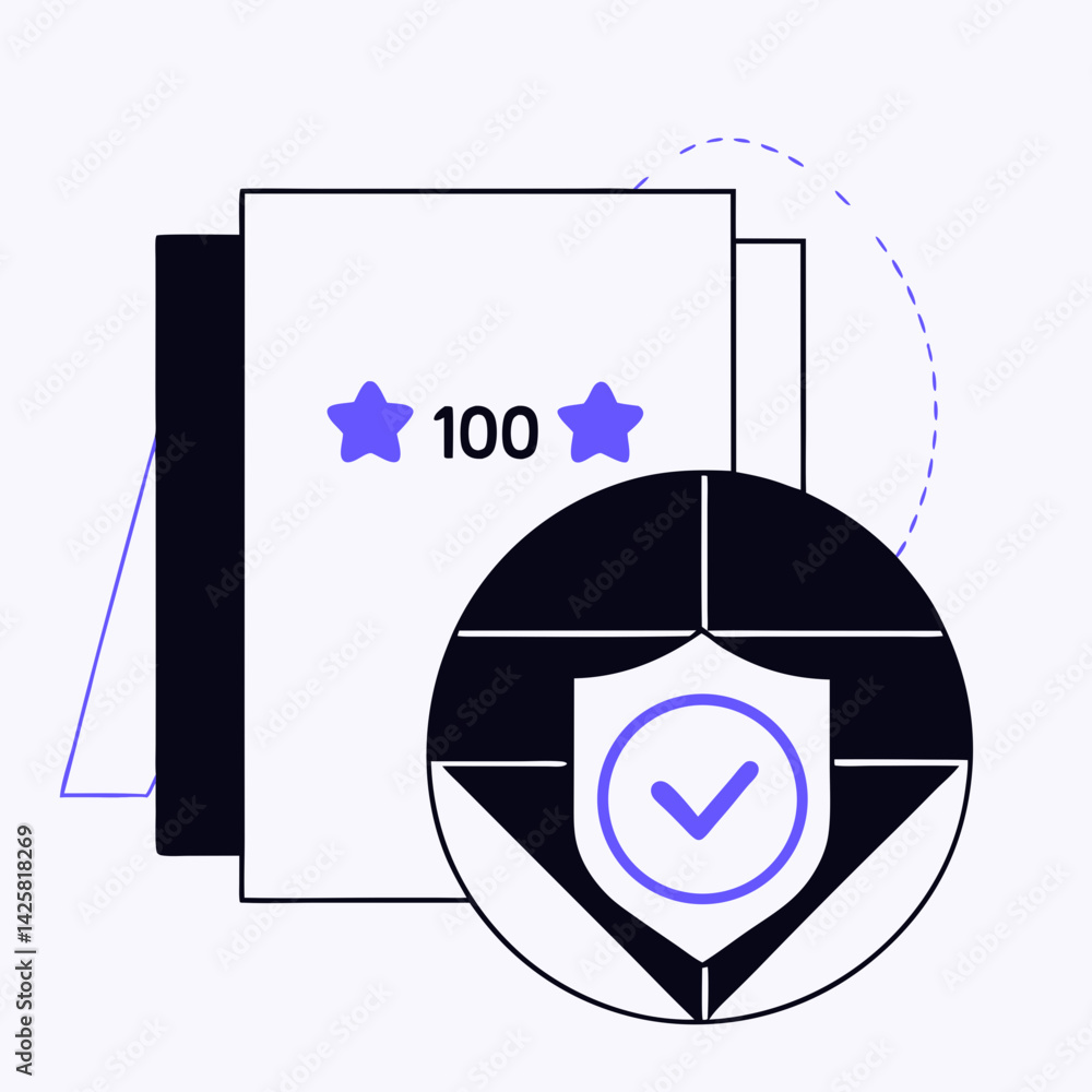 Poster grid template, vector of document with stars and shield symbolizes verification and quality assuranc