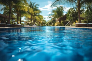 Tropical pool with bright blue water on slightly blurred background of palm trees. Concept of vacation, relaxation, exotic getaway, and summer leisure with space for text or product placement.