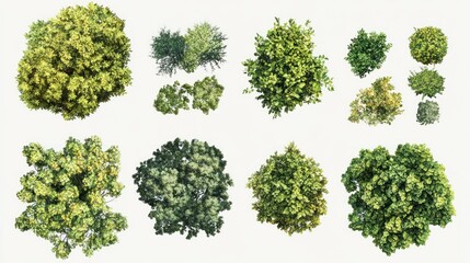 Aerial views of various trees and shrubs. Different types of foliage