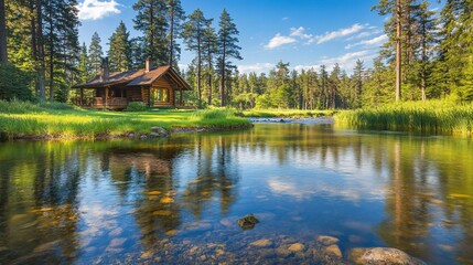 Fototapeta premium Tranquil cabin by a serene river. Wooden cabin nestled amongst lush green trees, reflected perfectly in the calm river. Sunny day, clear water, peaceful ambiance