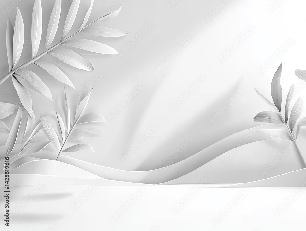 Poster white minimalist leaves background with soft lighting and subtle curves