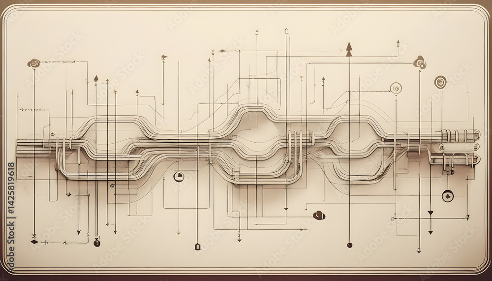 Poster Abstract technical design with interconnected lines and symbols