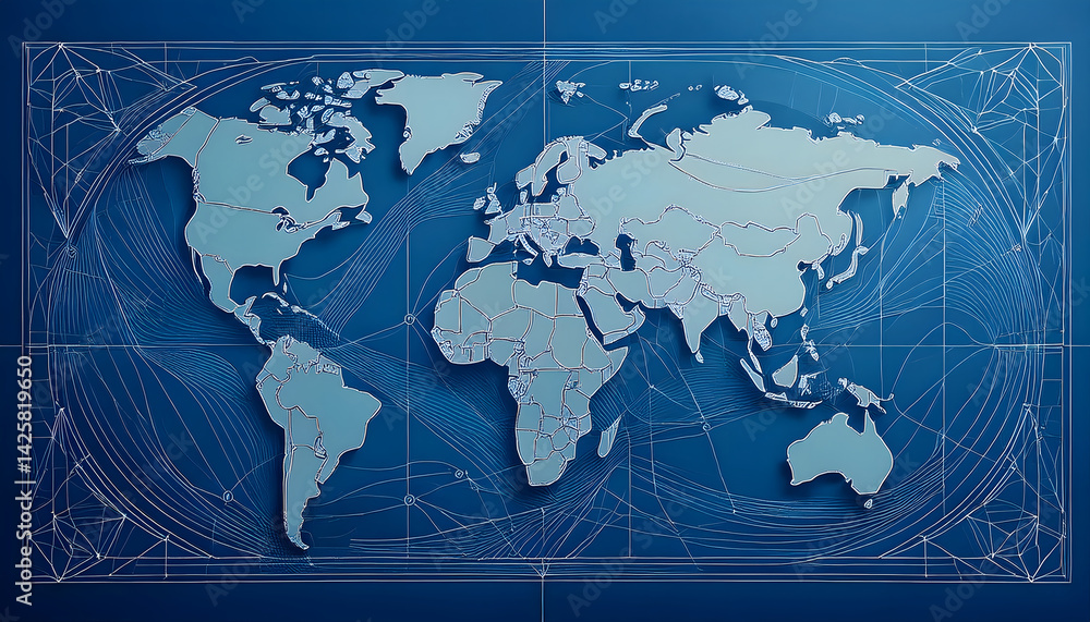 Poster Stylized world map with blue background and intricate line patterns