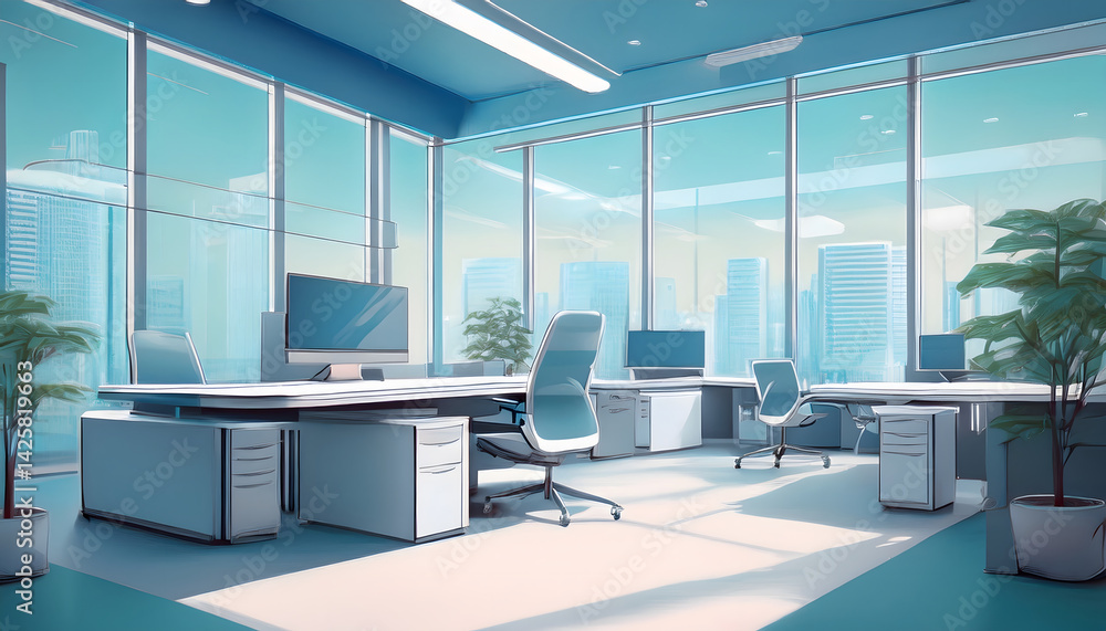 Poster modern office space with large windows and urban view