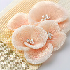Peach fabric flowers with crystals, close-up detail shot, textured background, wedding accessory