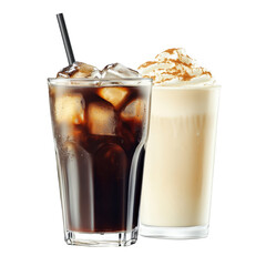 Iced Coffee and Iced Latte drinks isolated on white background Coffee and Latte refreshments beverage menu Ice coffee and latte drinks in glass with straw and whipped cream Refreshing summer drinks