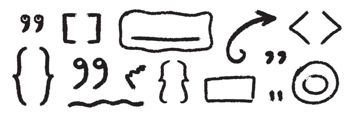 Hand Drawn Crayon Brush Stroke Punctuation Marks and Symbols Set. Quotation marks, parentheses, brackets, dashes, dots by marker or chalk. Perfect for modern typography, posters, packaging, creative
