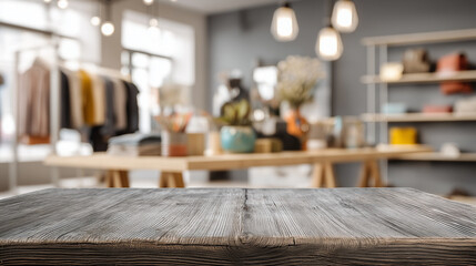 Rustic Wooden Tabletop Blurred Fashion Boutique Background