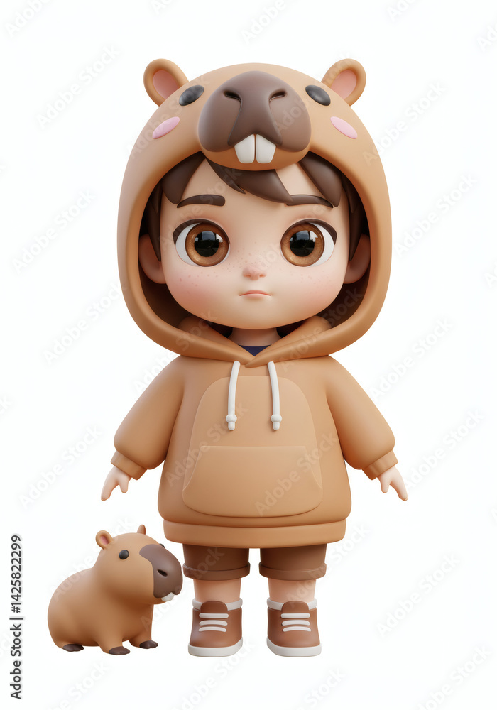 Poster captivating 3d rendering of a child in a capybara hoodie with a matching companion