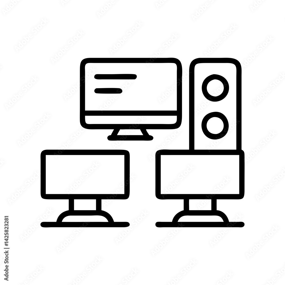 Poster illustration of computer setup with monitors and speakers for desktop workstation and technology