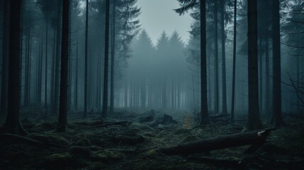 Mysterious forest with a path and a mysterious tree in a dark foggy autumn forest Created Photo