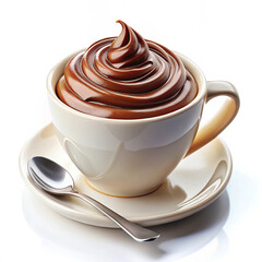 Coffee cup with swirl of cream and chocolate spoon on white background