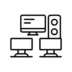 Illustration of computer setup with monitors and speakers for desktop workstation and technology