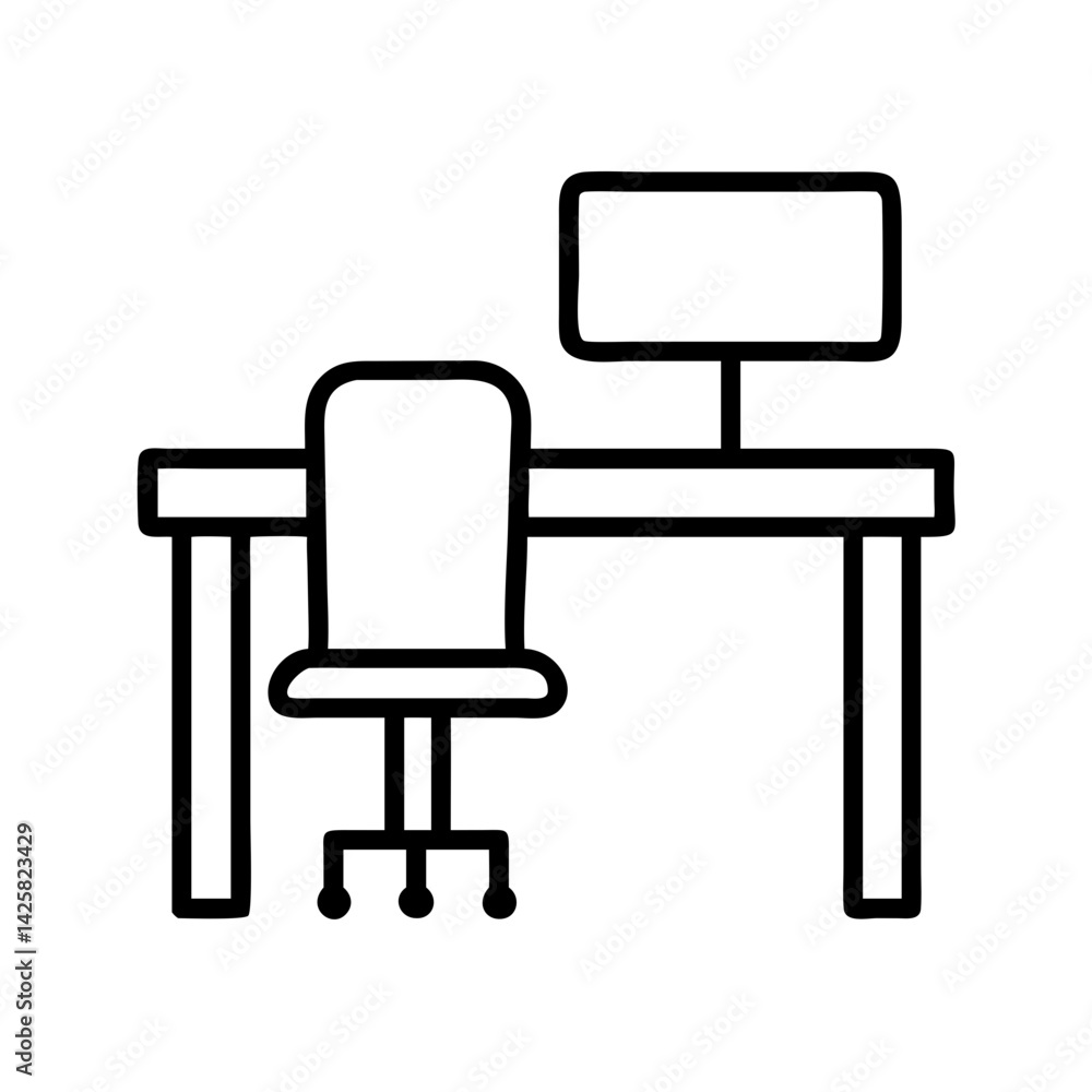 Poster office desk setup with computer monitor and chair outline vector illustration workspace icon graphic
