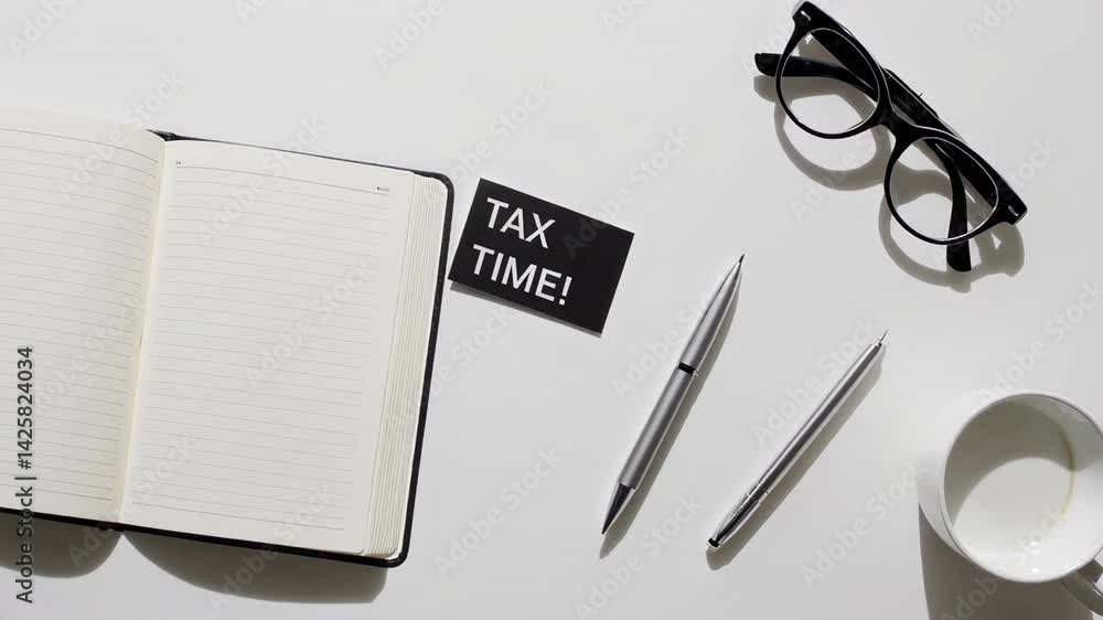 Aufkleber multiple images showing tax time concept with open notebook, pens, eyeglasses, and a mug on a white 