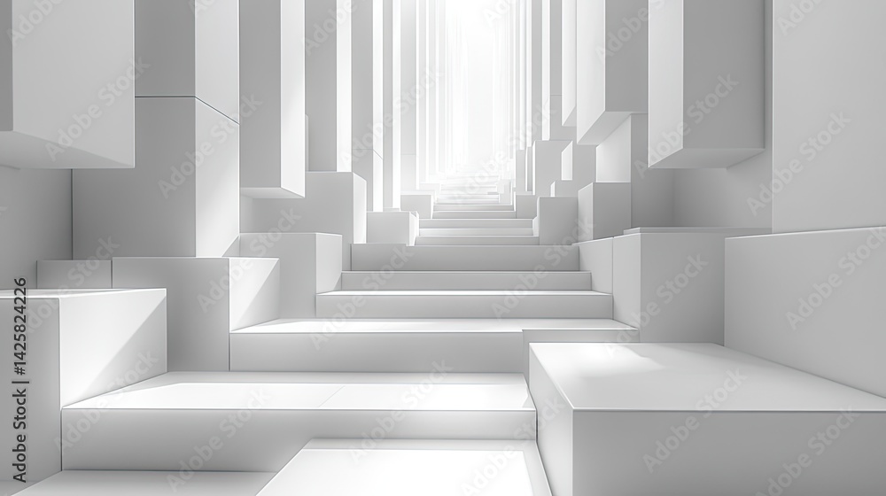 Poster geometric steps in white an abstract minimalist art installation with unique perspective viewpoint
