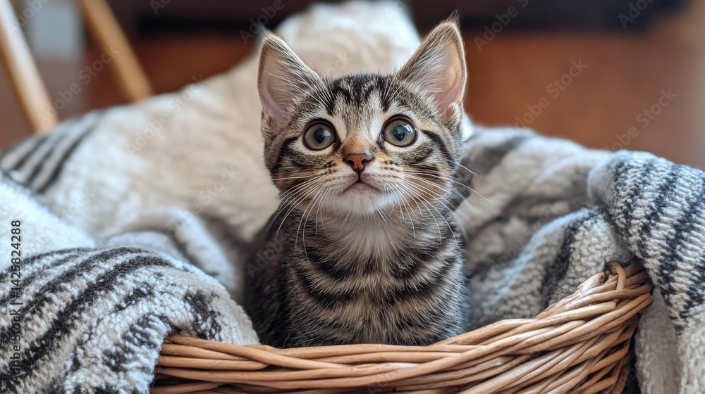 Aufkleber a chubby kitten sitting in a basket filled with soft blankets, looking up with big, curious eyes and