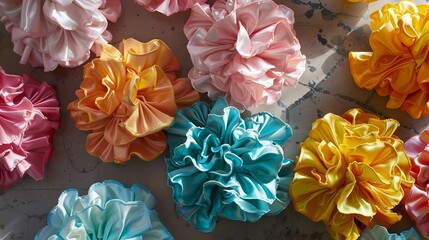 Top view of a fashion photoshoot  style art installation made out of iridescent puffy freesia-shaped flowers pillows very puffy, lily-shaped pillows contemporary art, metallic textures, Generative AI 