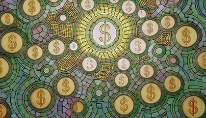 Vibrant Mosaic Backdrop Filled with Gold Coins, Showcasing Intricate Designs and Artistic Detail, Perfect for Digital Art or Home Decor.