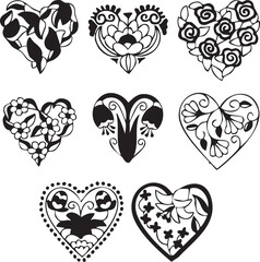A set of hand drawn hearts with floral vector illustration 