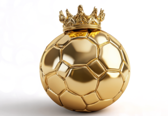 3D render of a golden soccer ball with a crown on a white background.