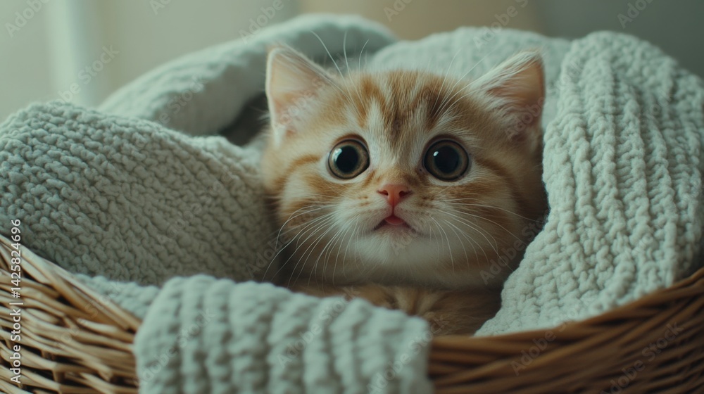 Poster a chubby kitten sitting in a basket filled with soft blankets, looking up with big, curious eyes and