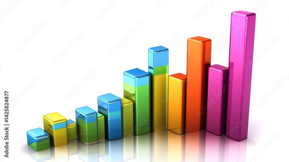 Poster a clean and sharp financial bar graph with colorful bars, displaying growth trends over time on a hi