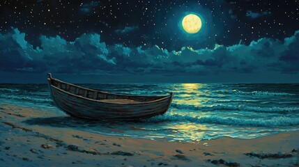 A serene night scene depicting a wooden rowboat resting on the shore