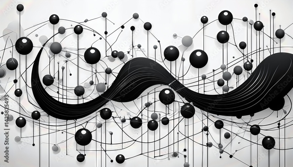 Poster aweinspiring metaballs pattern on white backdrop black liquid connected circle dots swirl in an ethe