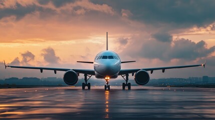 Airplane on runway at sunset