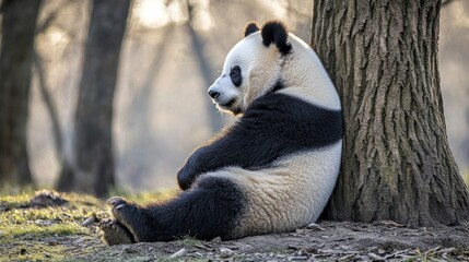 Panda resting against tree, forest background, wildlife conservation