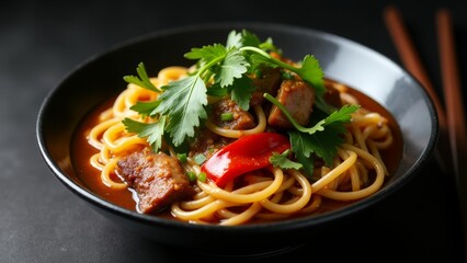 Pork Noodle Soup With Cilantro Garnishing