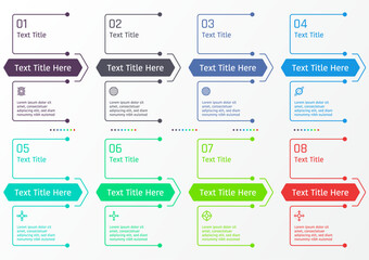 8 options business infographic template, theme of rounded corner line sets with middle hexagon bar, also with number and text frame
