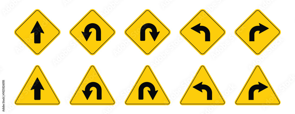 Poster u turn arrow symbol with trigel icon set. direction icon set. go straight this way one way only u tu
