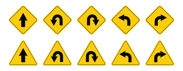 U turn arrow symbol with trigel icon set. Direction Icon Set. Go Straight This Way One Way Only U Turn Left and Right yellow and black Arrow vector .illustration.