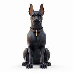 A stylized, seated black Doberman pinscher illustration.