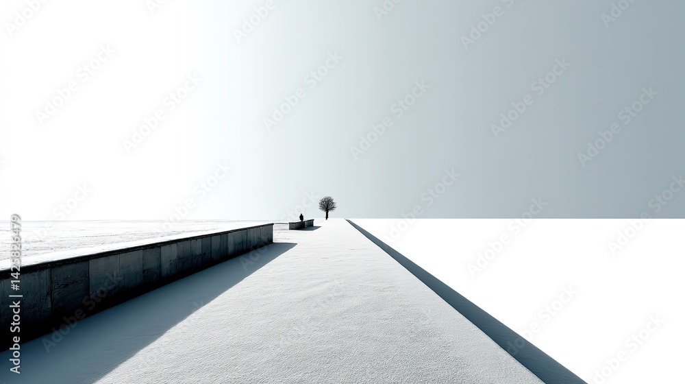 Poster lonely tree on snowy path minimalist landscape serene environment horizontal viewpoint artistic conc