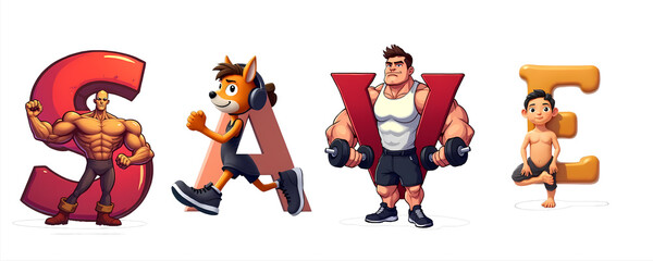 Fototapeta premium “SAVE” Cartoon Fitness Letters Clipart Set – Strong Muscular Typography with Workout Characters (Transparent PNG)