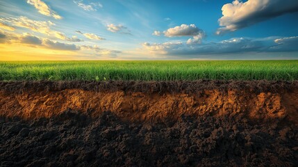 Cross section of soil layers with underground irrigation system and water pipes,generative ai illustration
